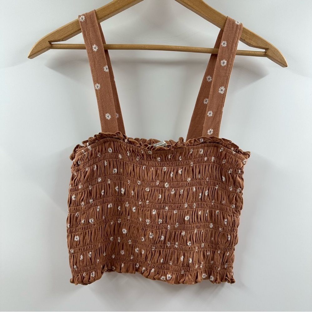 American Eagle Brown Smocked Tank Top with White Floral Print – Size Small
